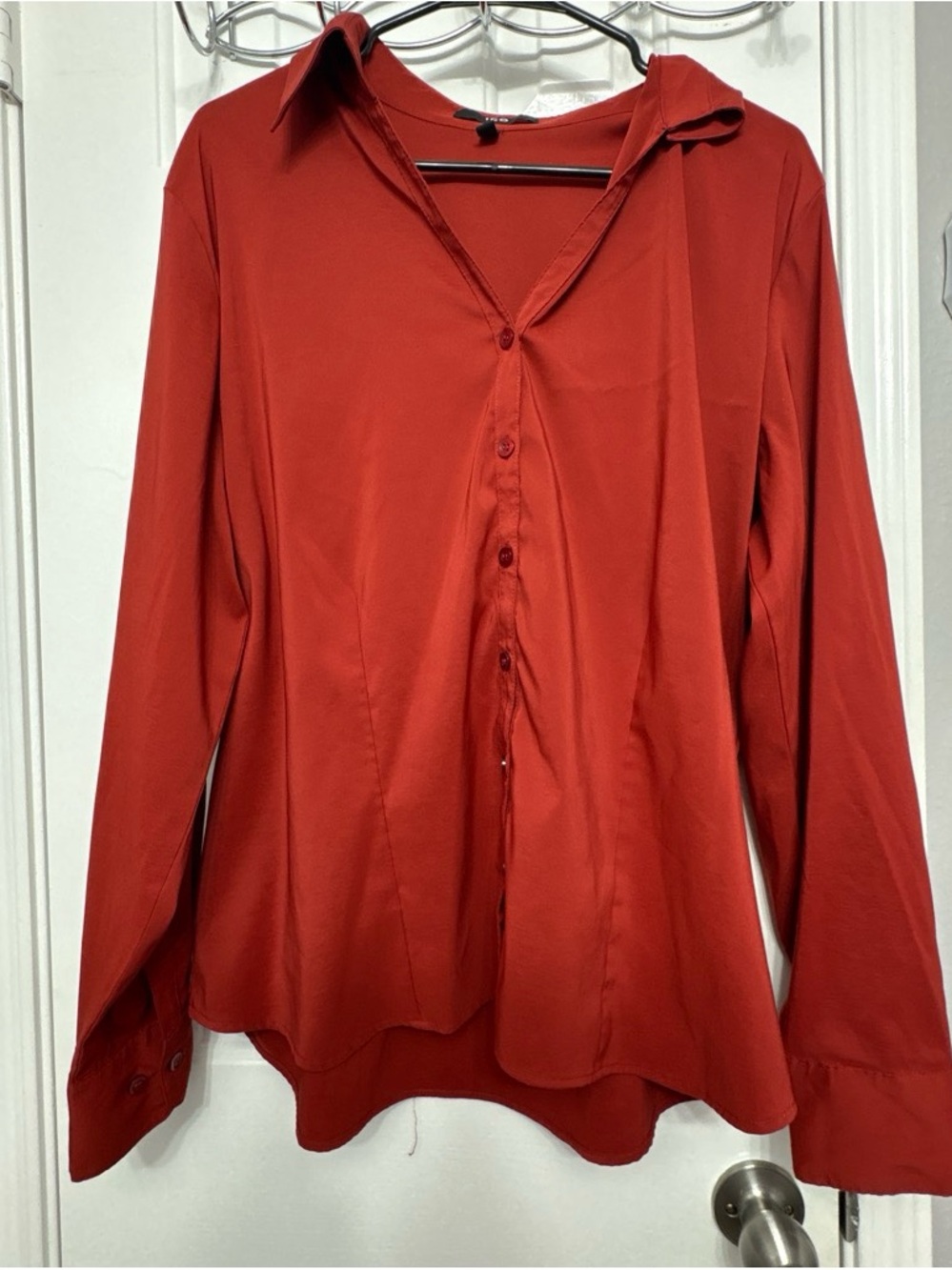 Classic Red Button-Front Collared Blouse